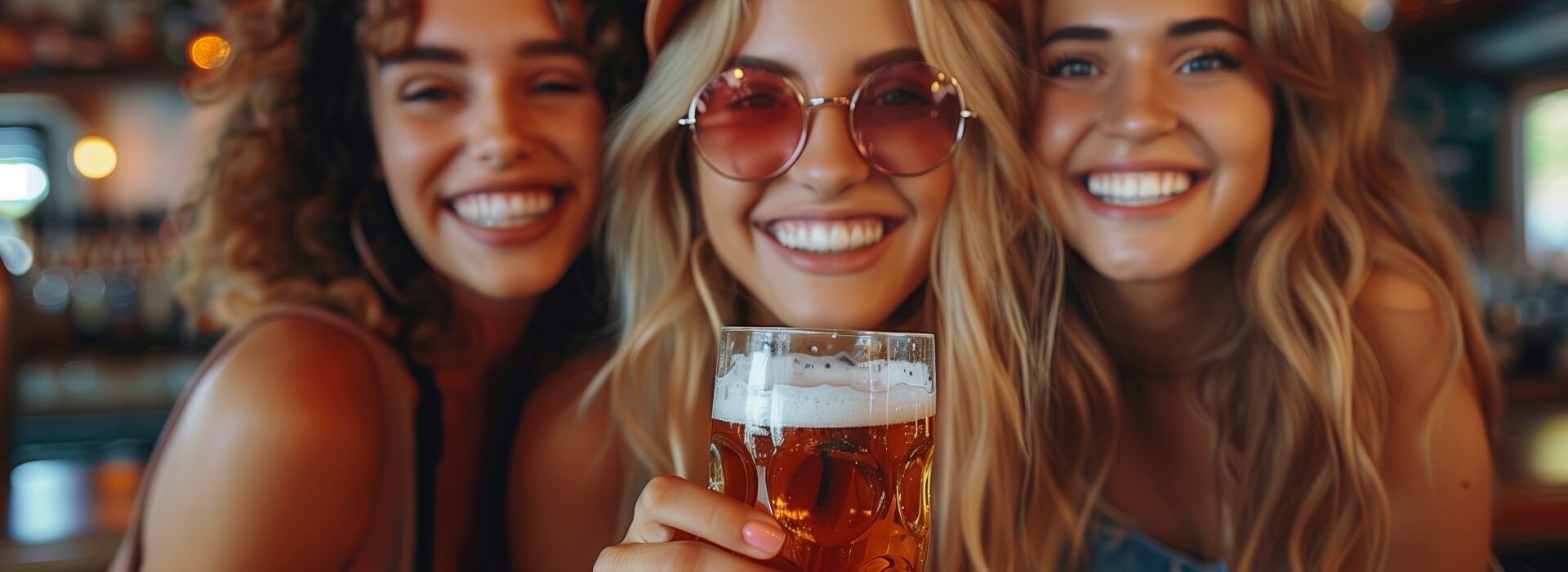 Drei fröhliche Freunde stoßen mit einem Glas Bier an in einer lebhaften Bar, unterstreichen die Freude am gemeinsamen Genießen eines kühlen Getränks