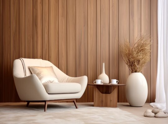 Wohnzimmer mit weißem Sessel und Holz Wandpaneele