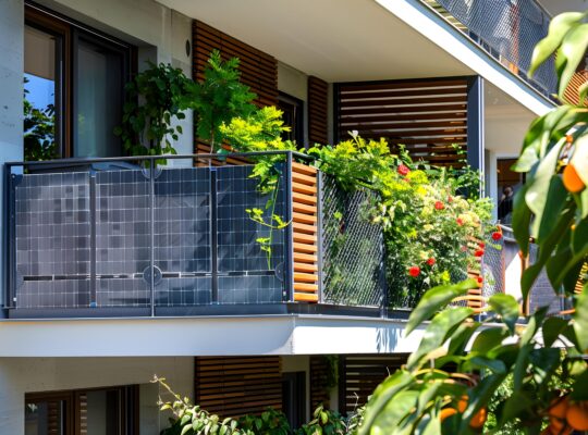 Balkon einer Freizeitimmobilie mit integrierten Solarpaneelen, umgeben von üppiger Vegetation, die SMA Hybrid-Technologie zur nachhaltigen Energieversorgung nutzt