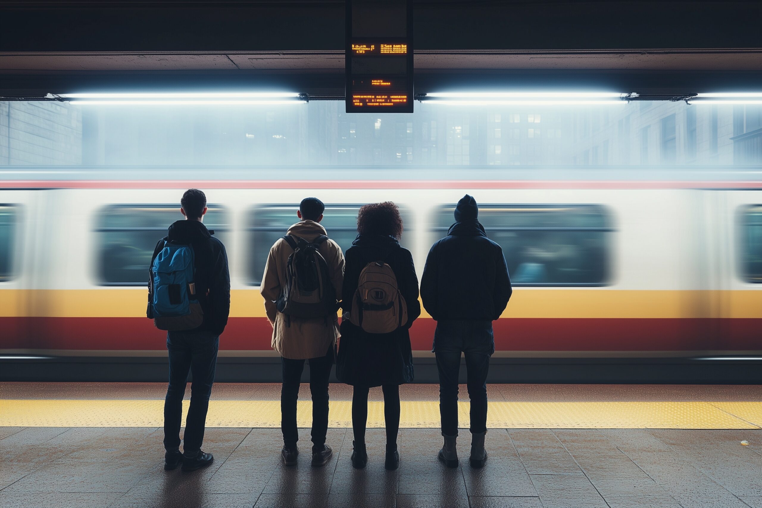 Vier Schueler mit Rucksaecken warten auf S-Bahn bei Klassenfahrt Berlin