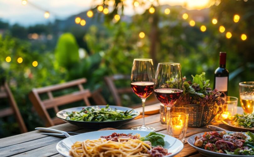 Moderne Outdoor Küche mit Gasgrill, Arbeitsfläche und Kochutensilien bei Sonnenuntergang im Garten, bereit für Outdoor Cooking.