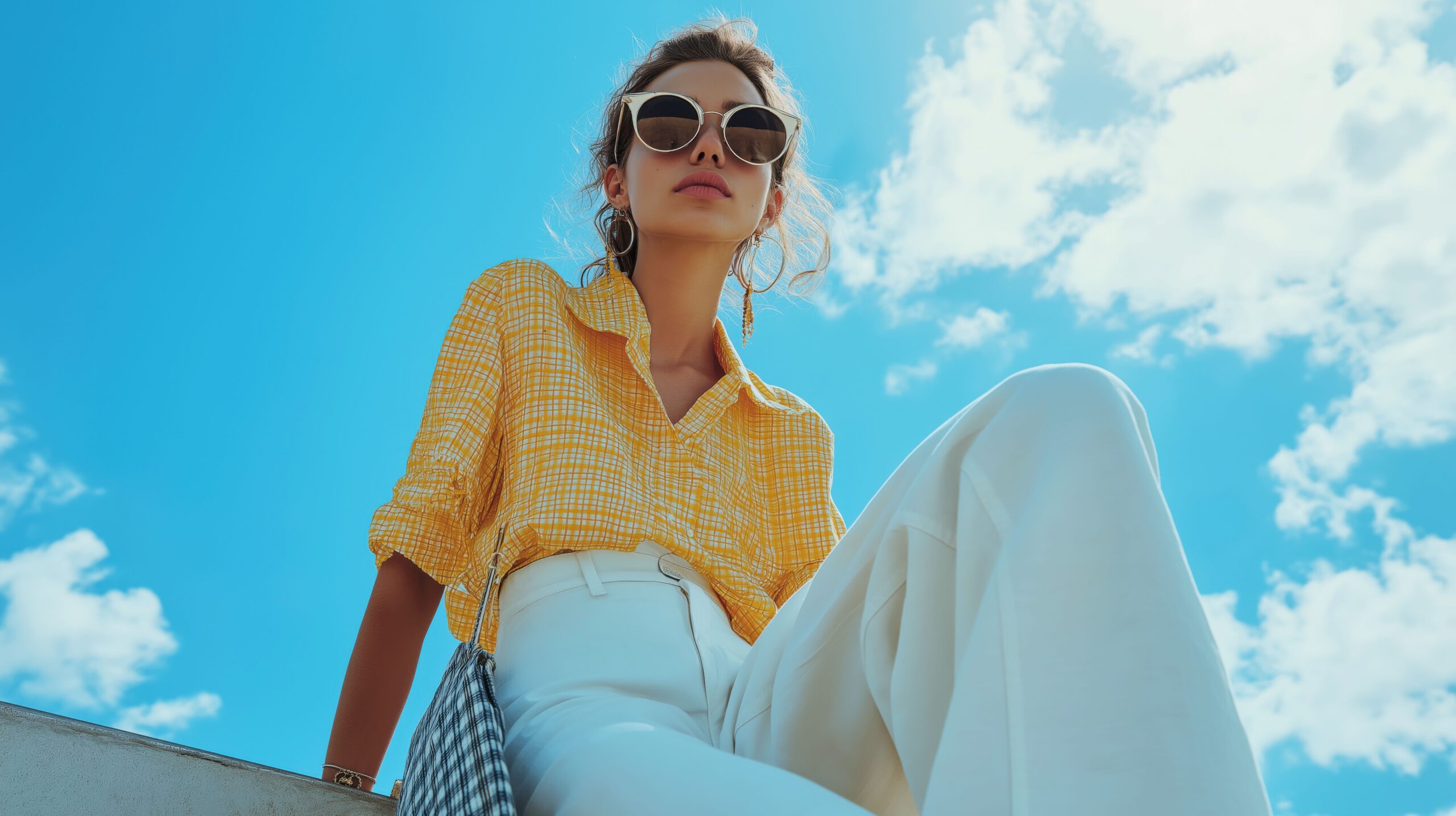 Eine Frau posiert selbstbewusst in einem gelben Shirt und weißen Hosen unter einem strahlend blauen Himmel.