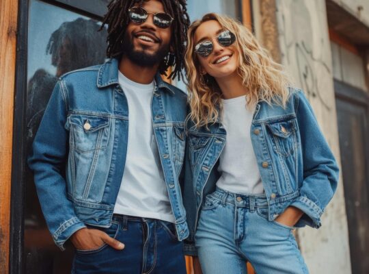 Stilvolles junges Paar in Jeansjacken und Sonnenbrillen