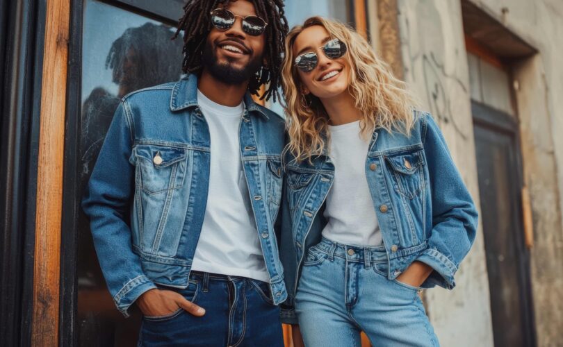 Stilvolles junges Paar in Jeansjacken und Sonnenbrillen