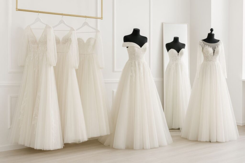 Brautkleider in verschiedenen Schnitten auf Schneiderpuppen und Bügeln in einem hellen Atelier in Hamburg