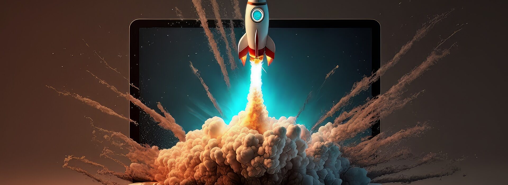 Rakete startet virtuell aus Laptop | Personalberater Energie