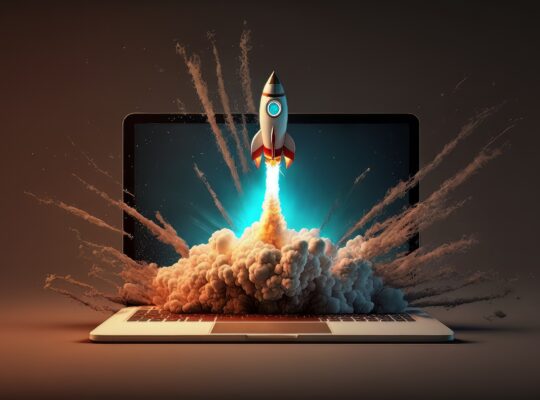 Rakete startet virtuell aus Laptop | Personalberater Energie