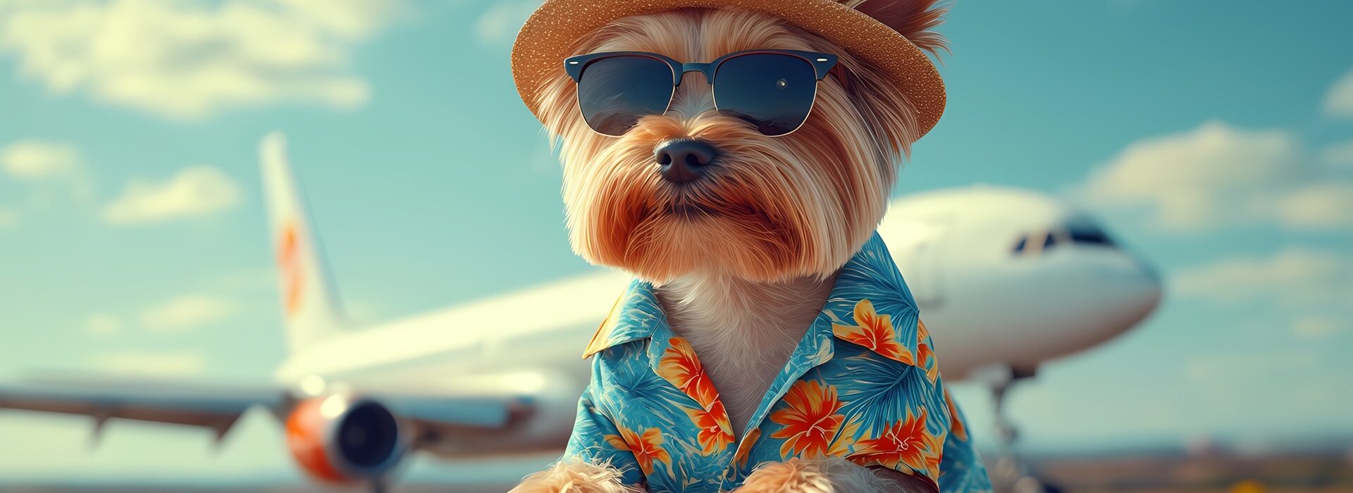 Hund mit Sonnenbrille vor Flugzeug | Sardinien Ferienhaus mit Hund