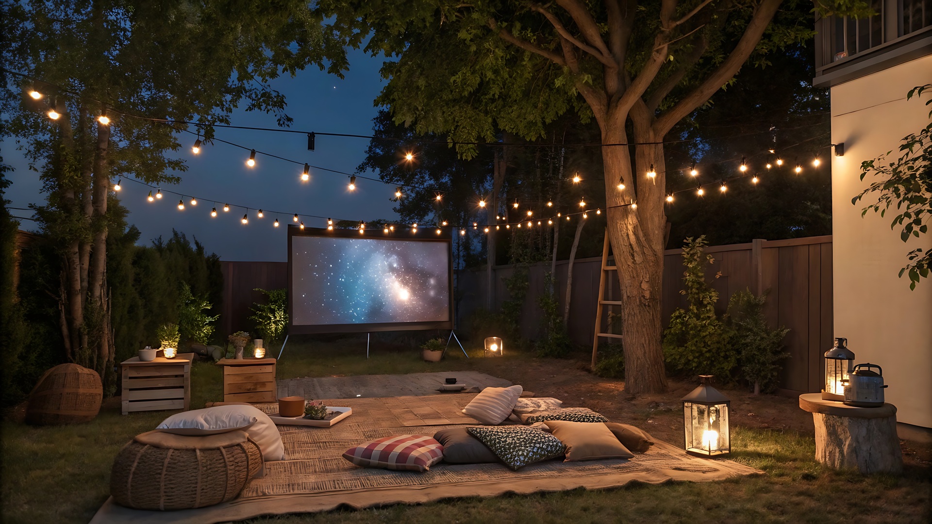 Outdoor-Kino mit Lichterketten im Garten | Brennholz Starnberg
