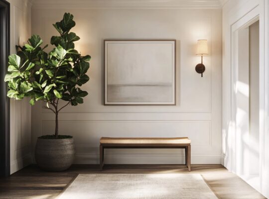 Eleganter Flur mit Bank und großer Pflanze | Edelstahl Garderobenständer