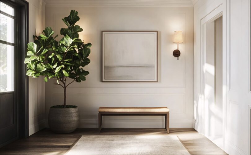 Eleganter Flur mit Bank und großer Pflanze | Edelstahl Garderobenständer