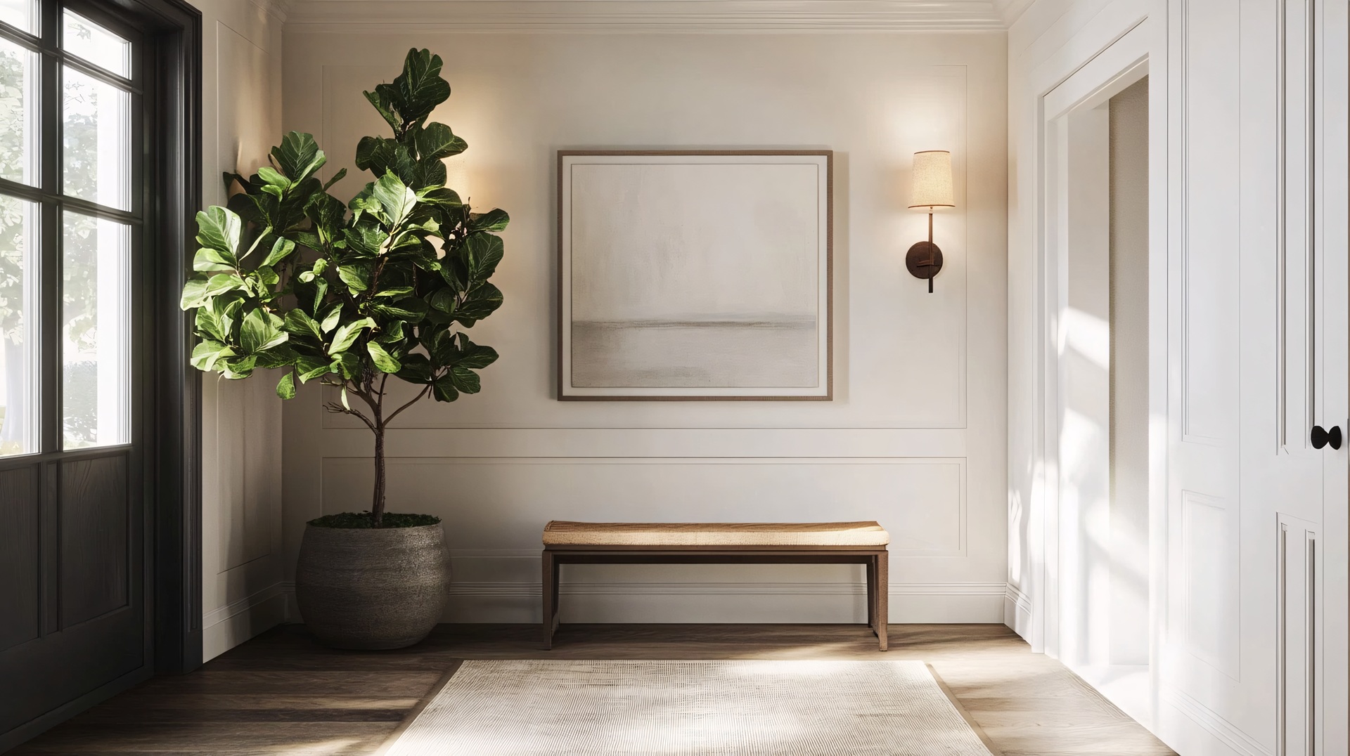 Eleganter Flur mit Bank und großer Pflanze | Edelstahl Garderobenständer