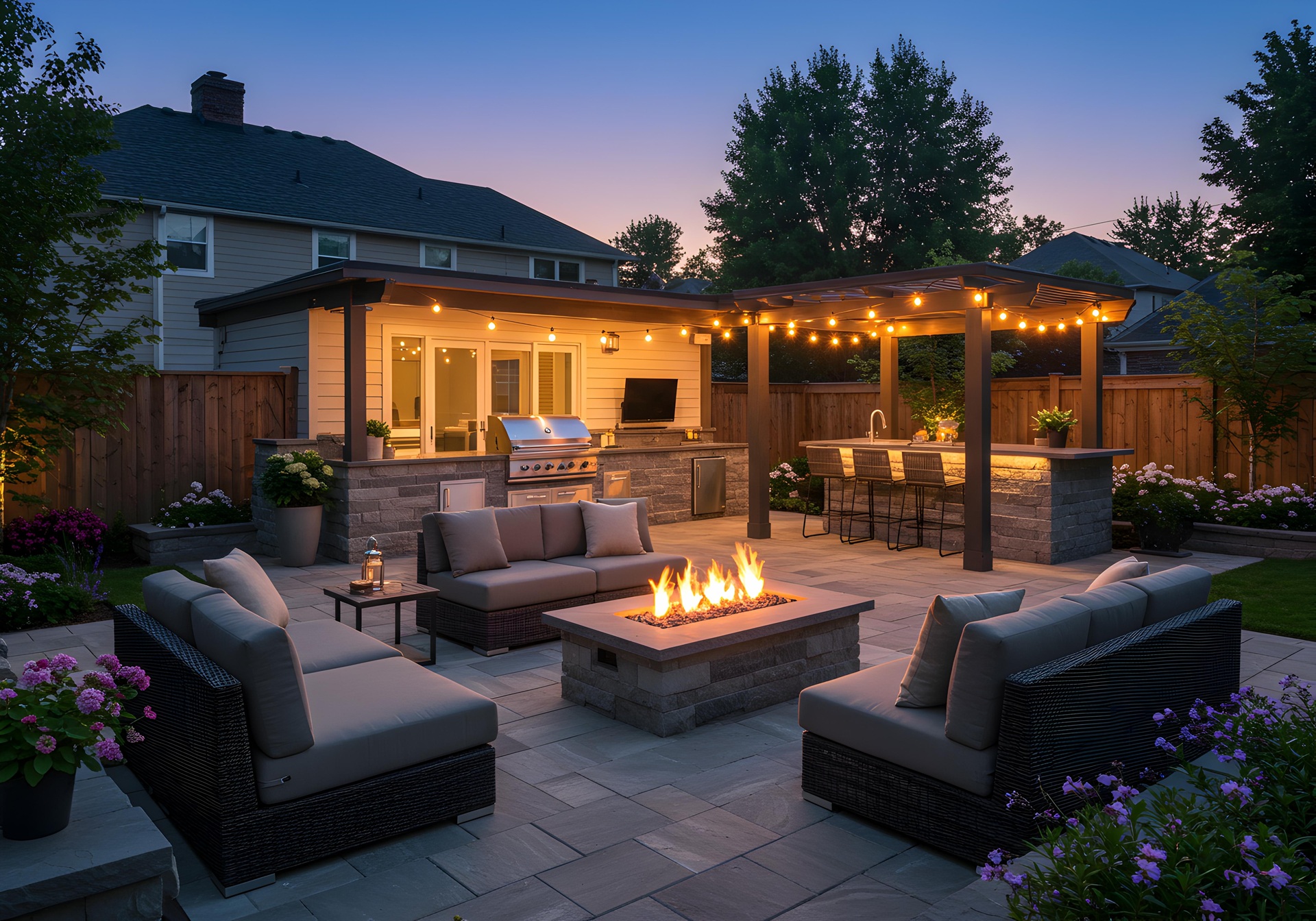 Gartenlounge mit Feuerstelle bei Abendlicht | Brennholz Starnberg