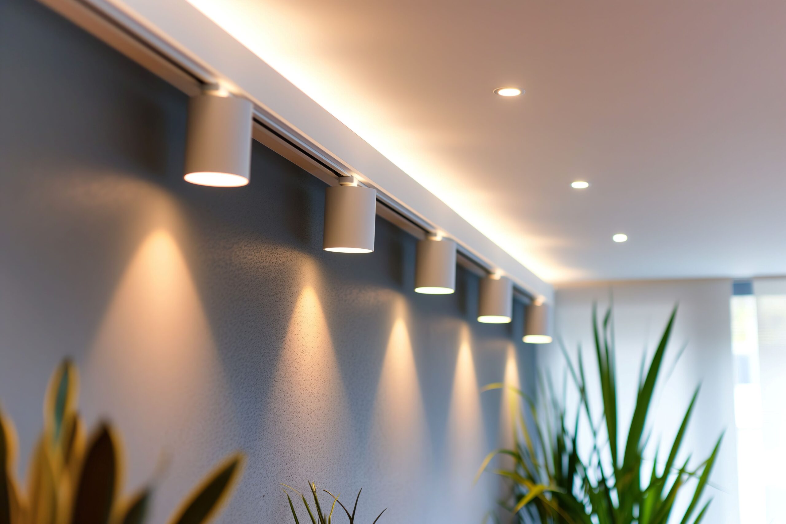 Beleuchtungsausrüstung an der Wand im Wohnzimmer. Strahler unter der Decke. LED-Schienensystem