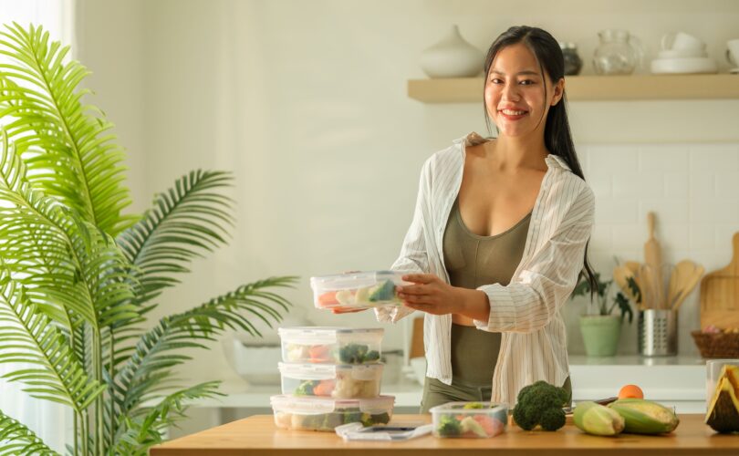 Attraktive Frau ordnet ihre Mahlzeiten-Behälter auf der Küchenarbeitsplatte, bereit für eine Woche gesunder Ernährung.